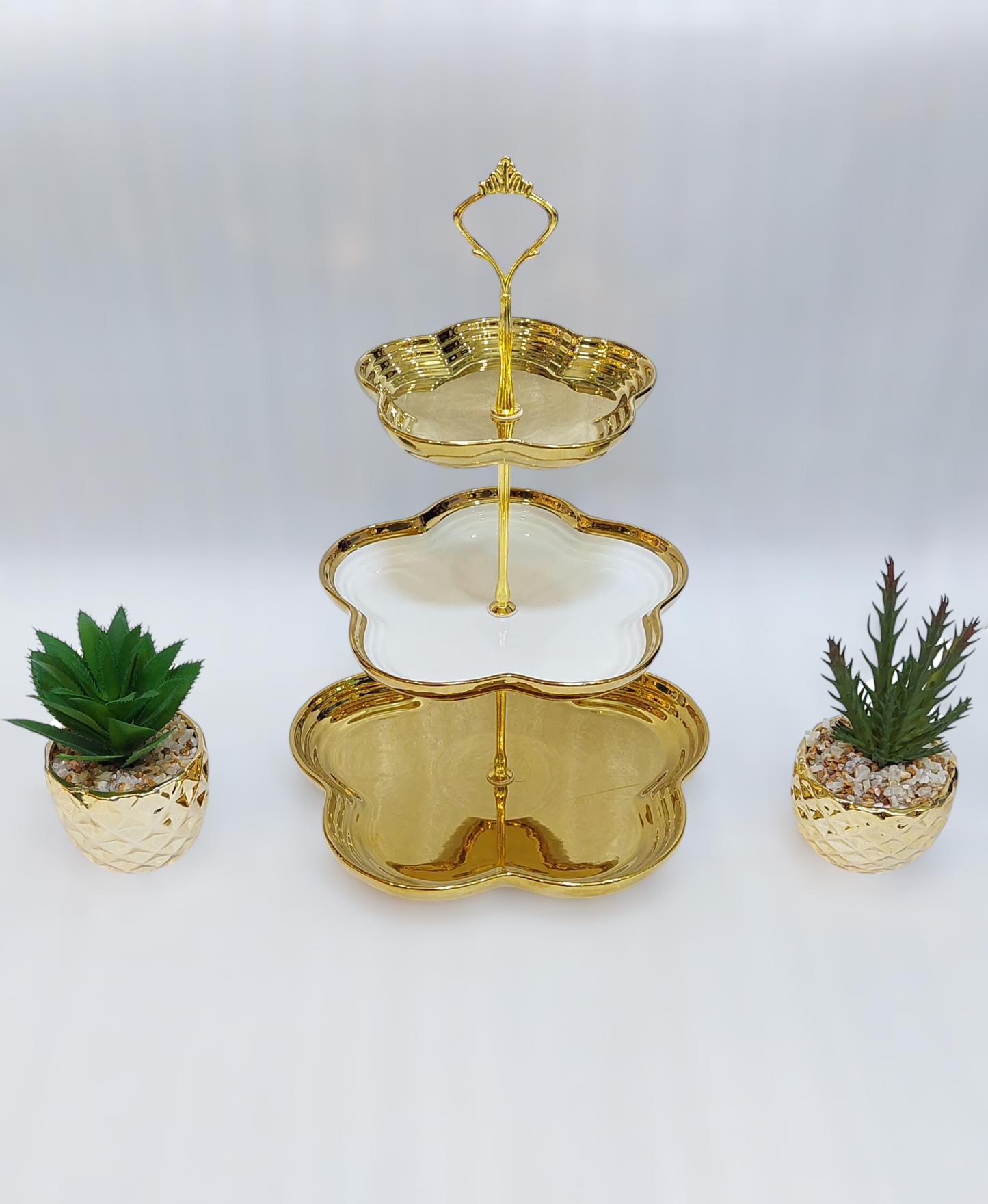 Elegant 3-Tier Ceramic Pastry Stand with Iron Base – Golden Accents