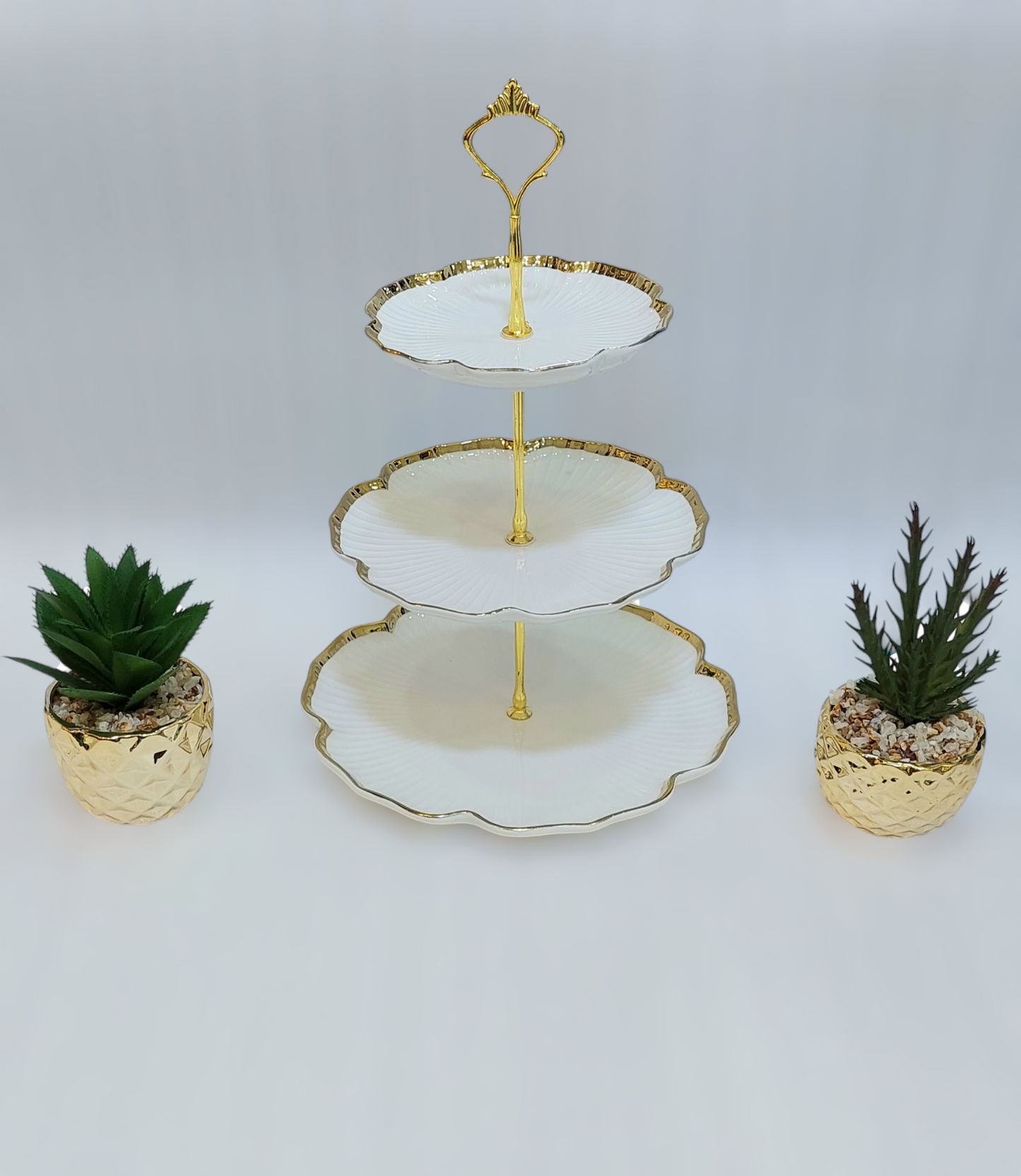 Elegant 3-Tier Ceramic Pastry Stand with Iron Base – Golden Accents