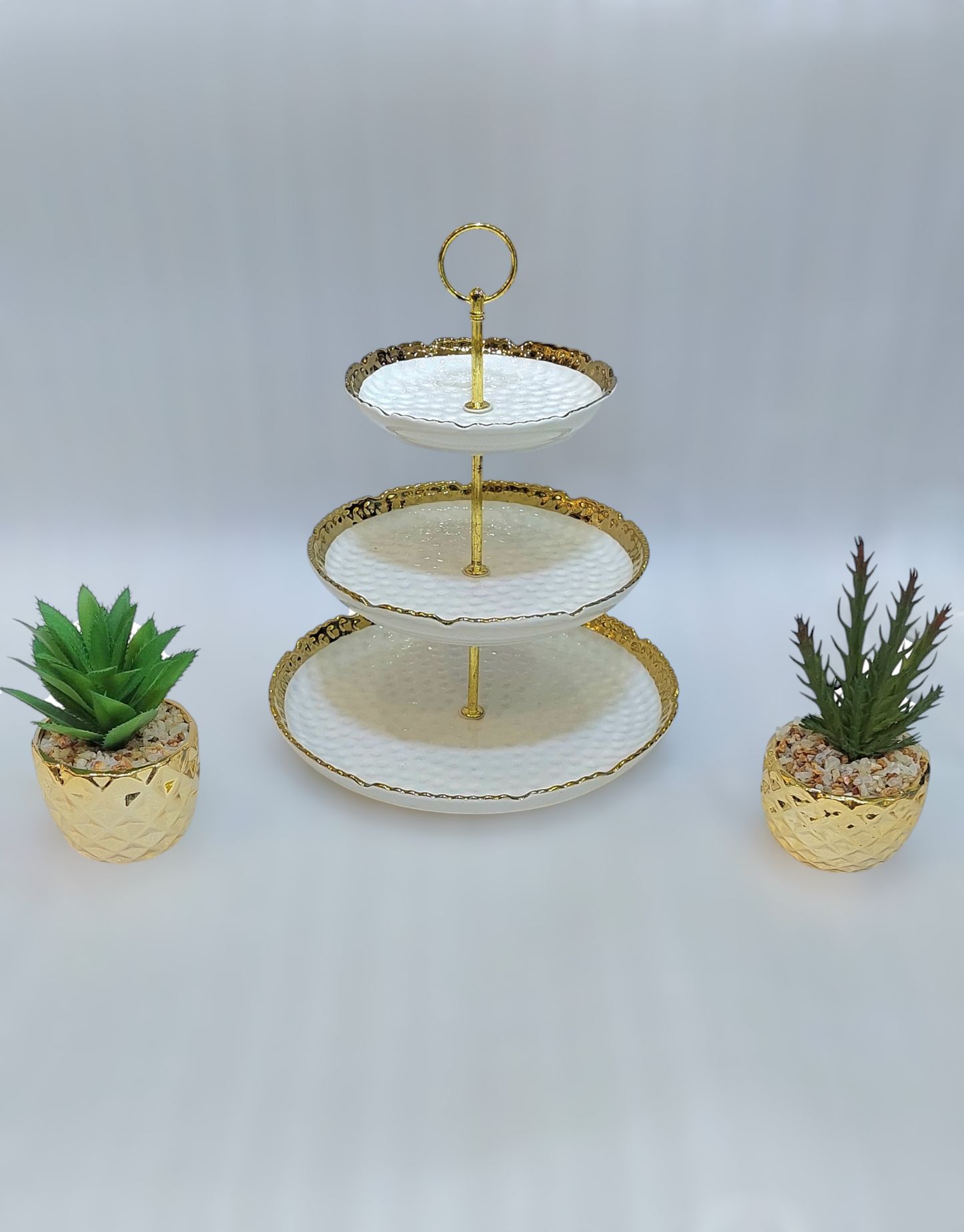 Elegant 3-Tier Ceramic Pastry Stand with Iron Base – Golden Accents