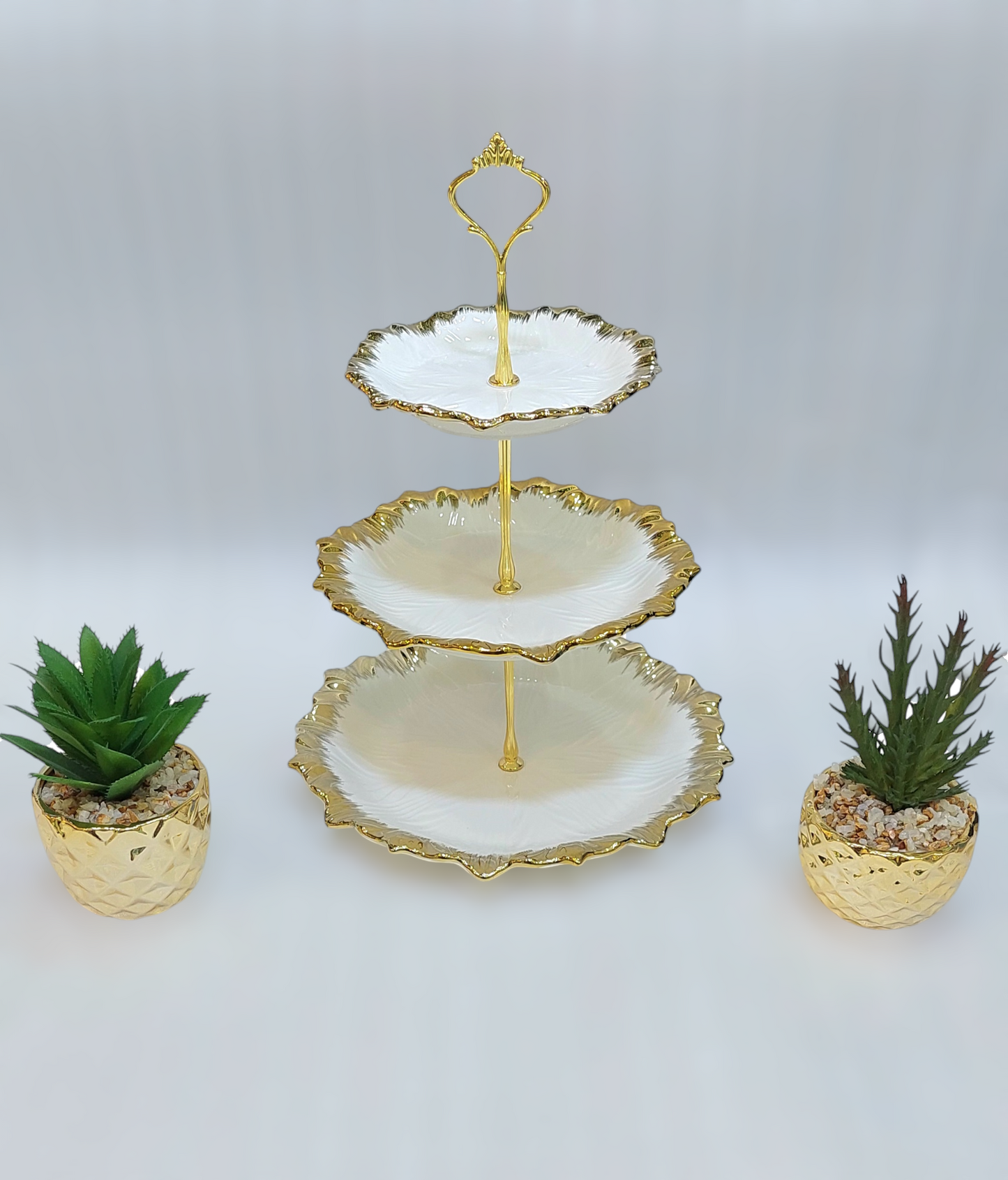 Elegant 3-Tier Ceramic Pastry Stand with Iron Base – Golden Accents