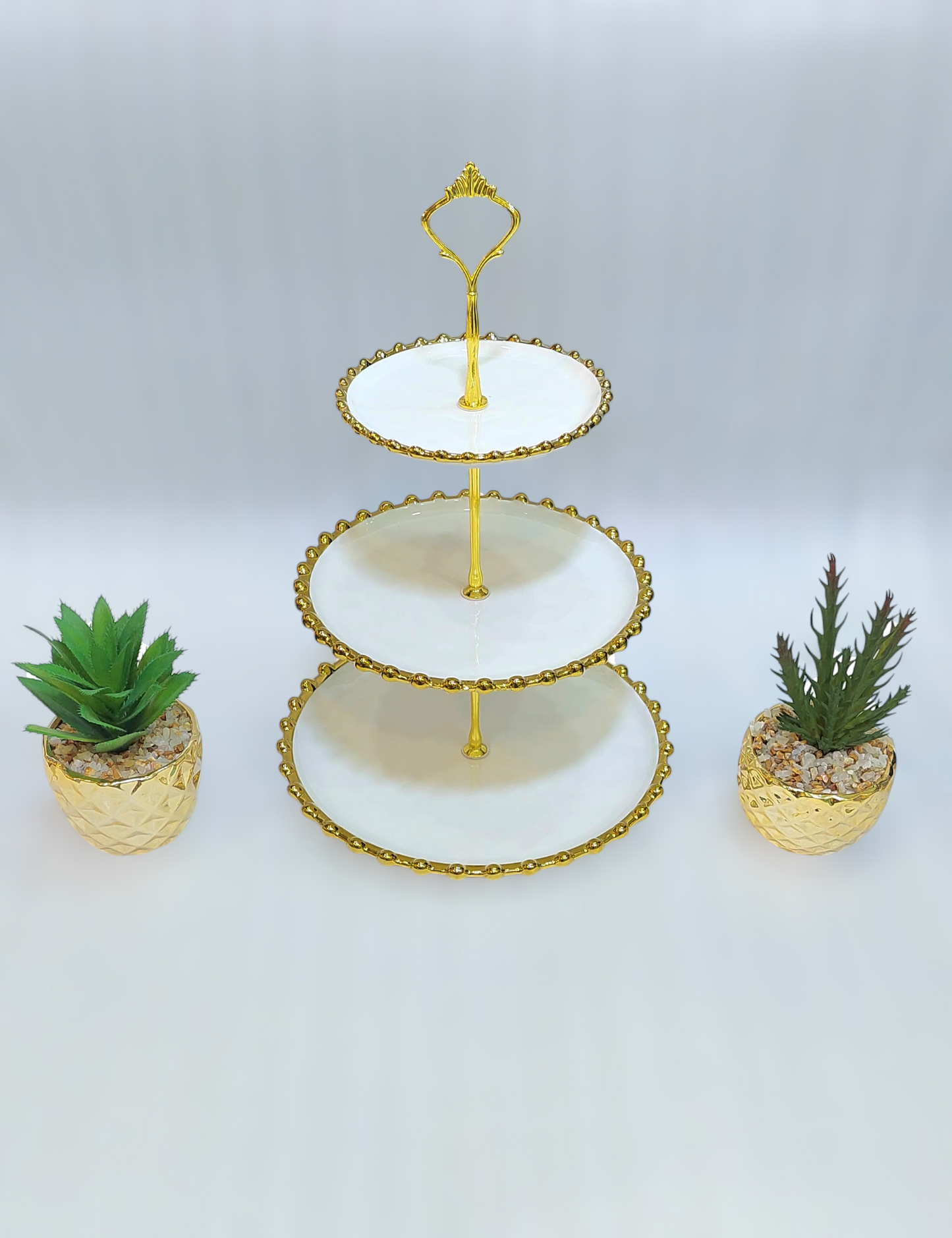 Elegant 3-Tier Ceramic Pastry Stand with Iron Base – Golden Accents