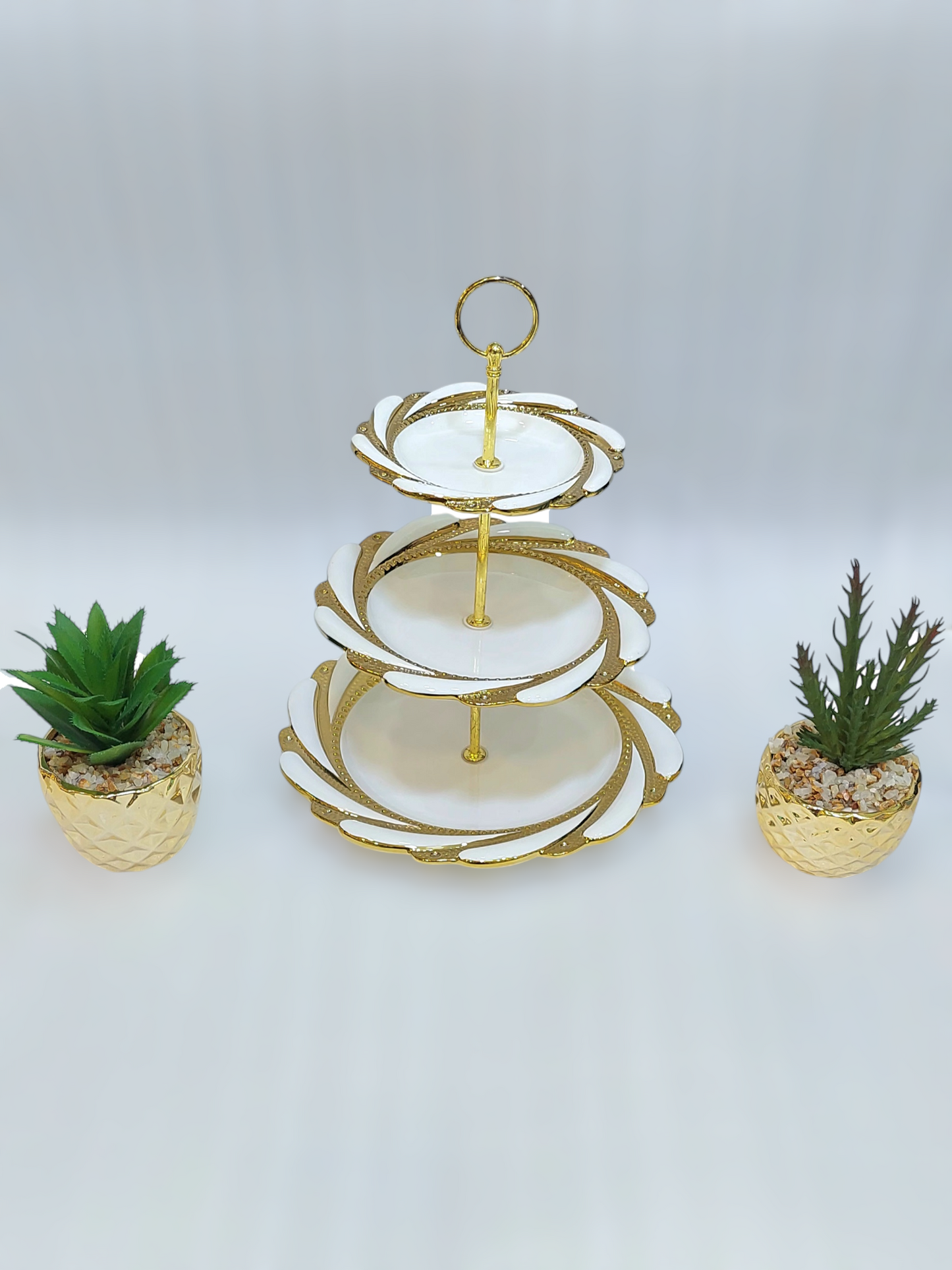 Elegant 3-Tier Ceramic Pastry Stand with Iron Base – Golden Accents