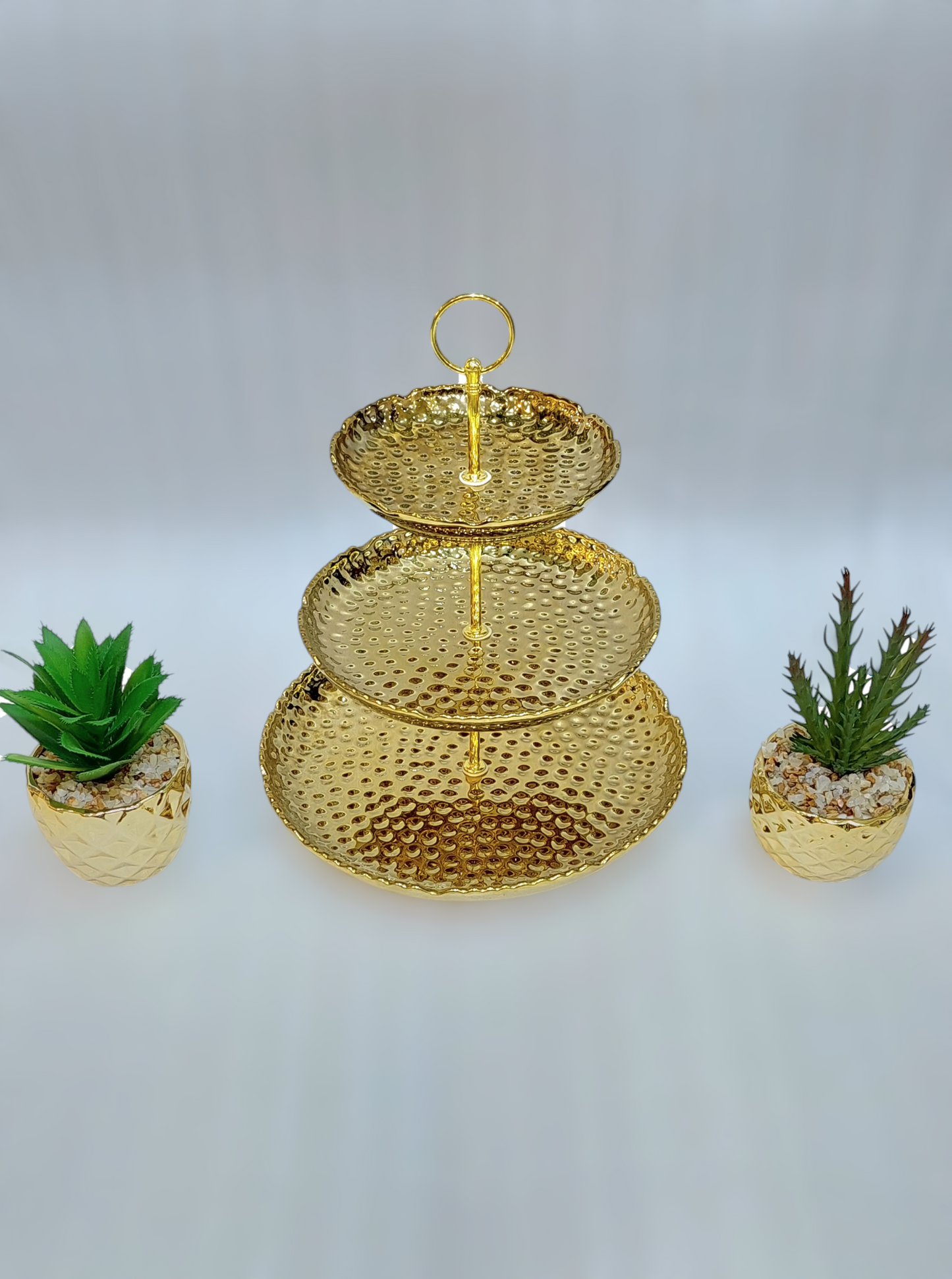 Elegant 3-Tier Ceramic Pastry Stand with Iron Base – Golden Accents