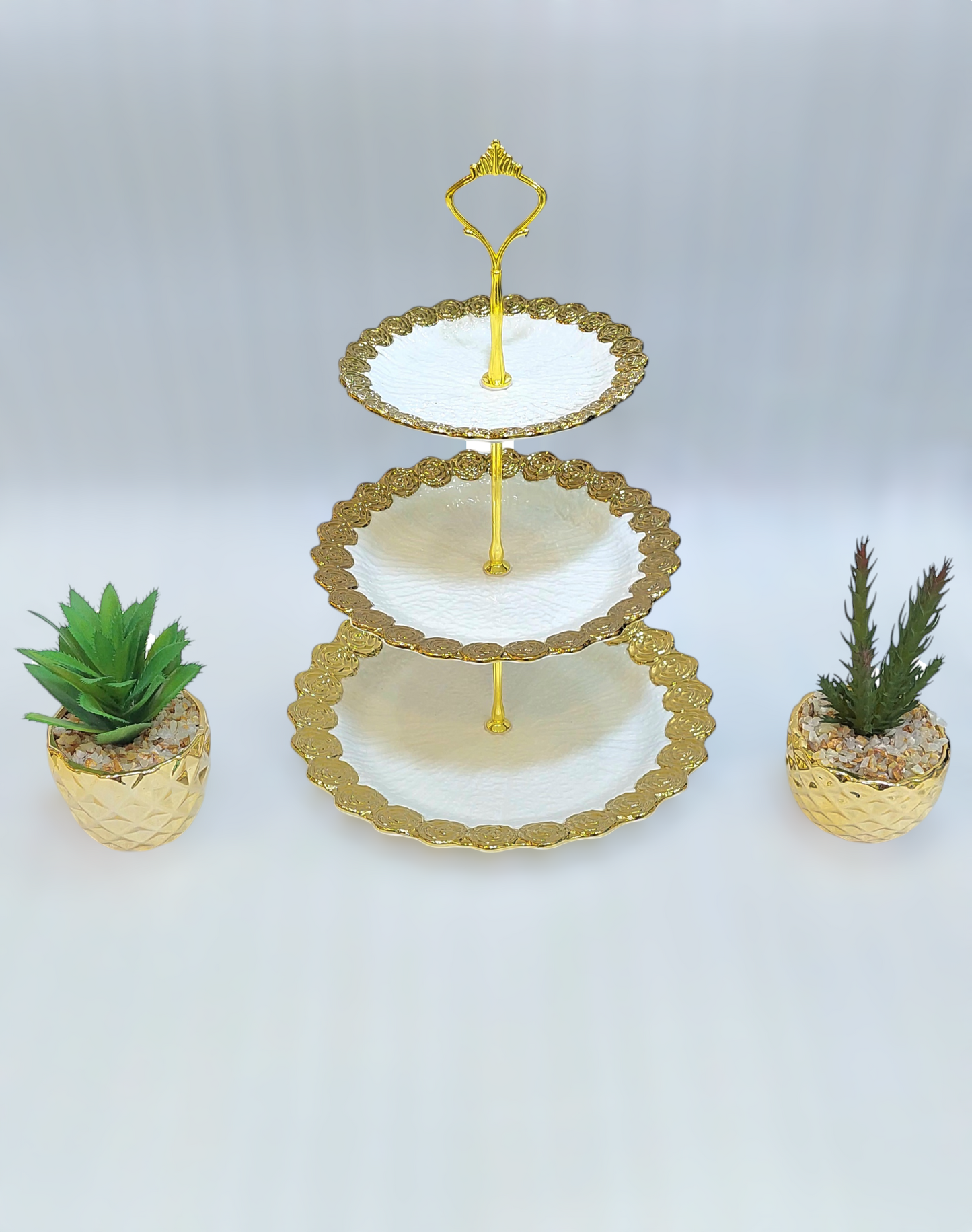 Elegant 3-Tier Ceramic Pastry Stand with Iron Base – Golden Accents