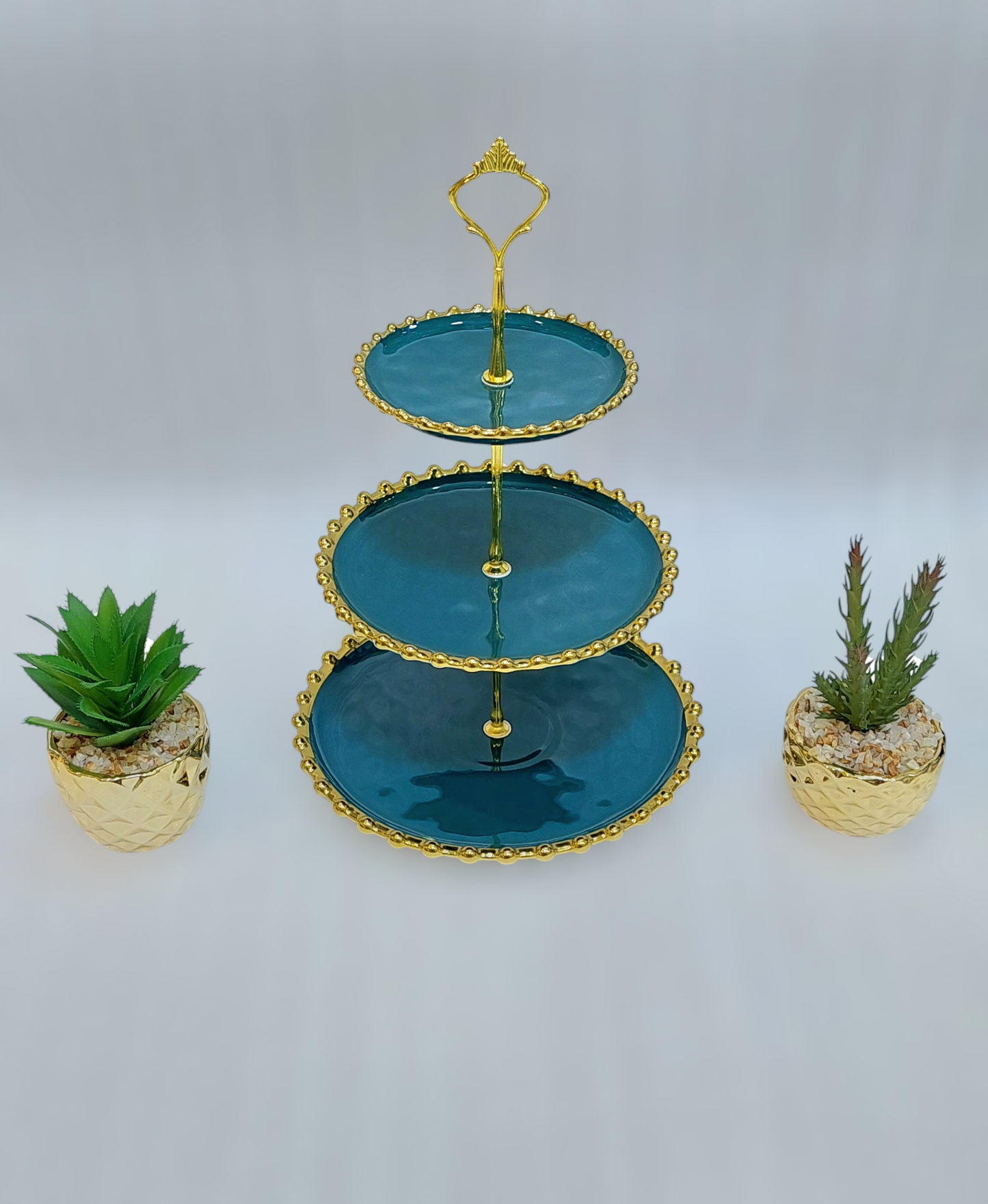 Elegant 3-Tier Ceramic Pastry Stand with Iron Base – Golden Accents