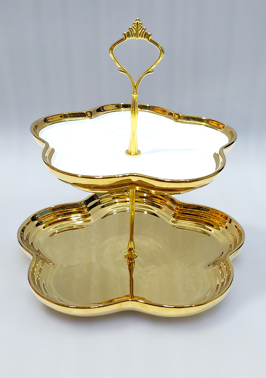 Elegant 2-Tier Ceramic Pastry Stand with Iron Base – Golden Accents