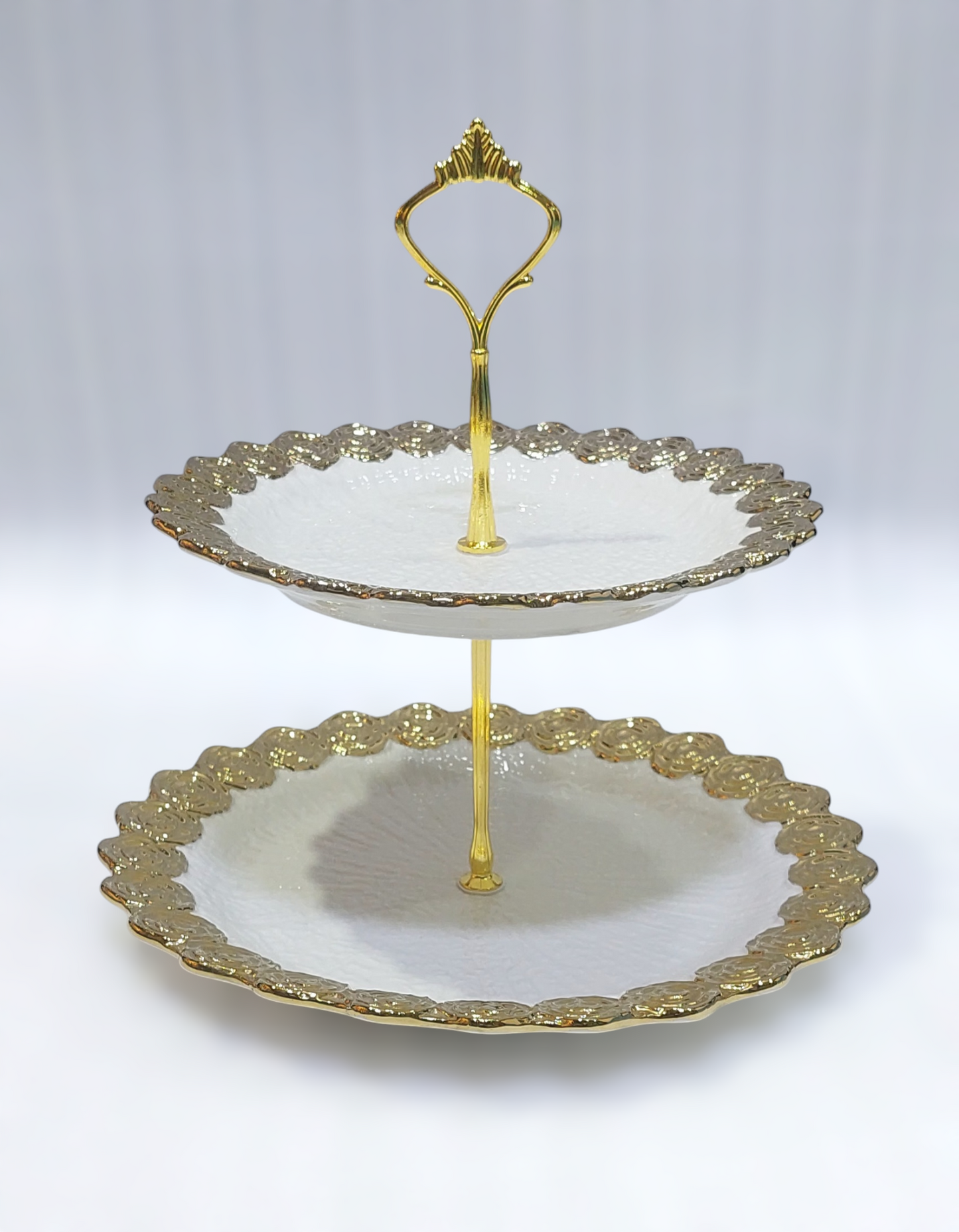 Elegant 2-Tier Ceramic Pastry Stand with Iron Base – Golden Accents