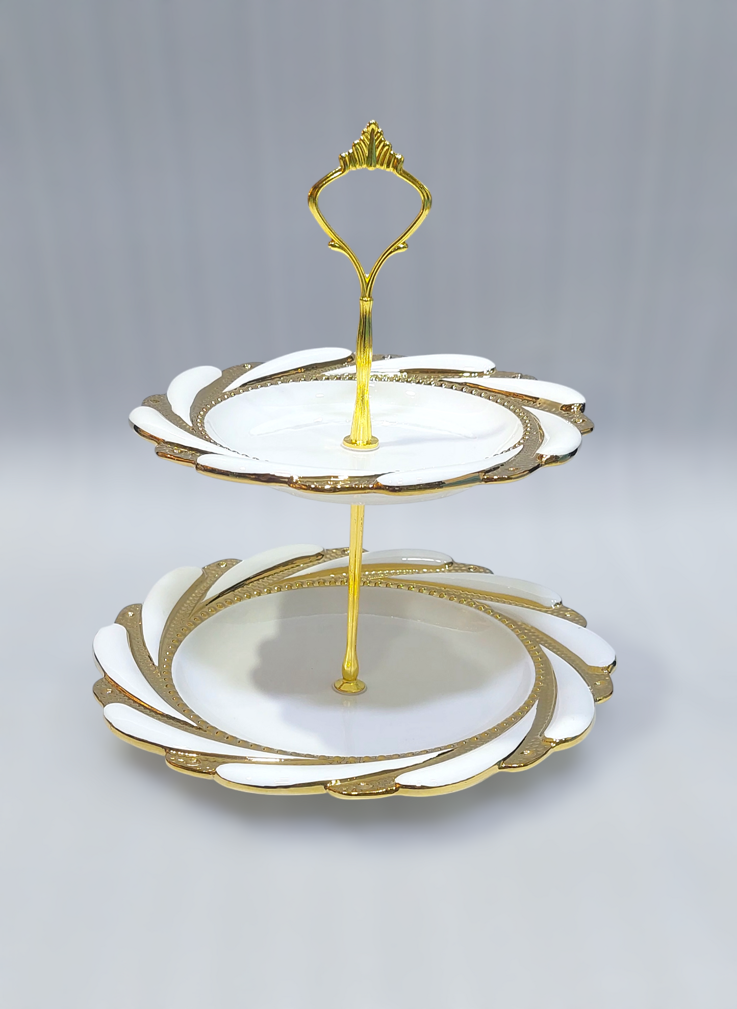 Elegant 2-Tier Ceramic Pastry Stand with Iron Base – Golden Accents