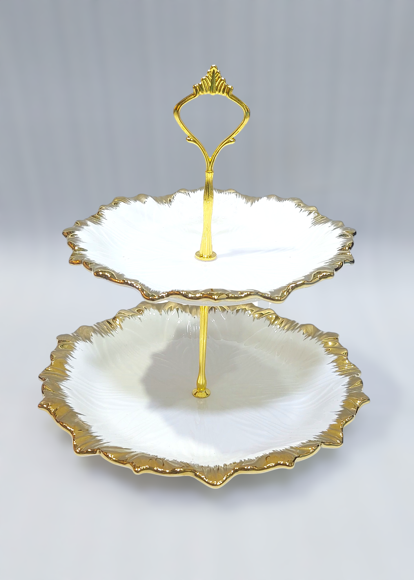 Elegant 2-Tier Ceramic Pastry Stand with Iron Base – Golden Accents