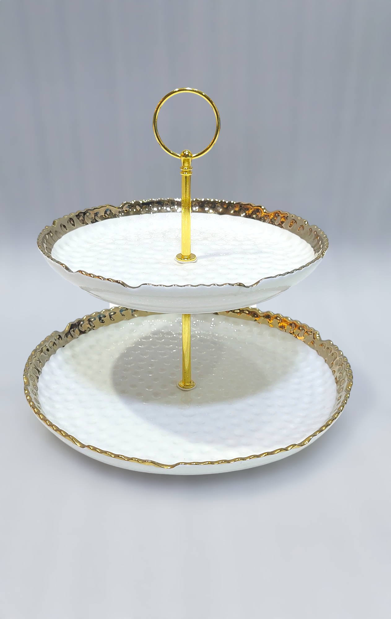 Elegant 2-Tier Ceramic Pastry Stand with Iron Base – Golden Accents