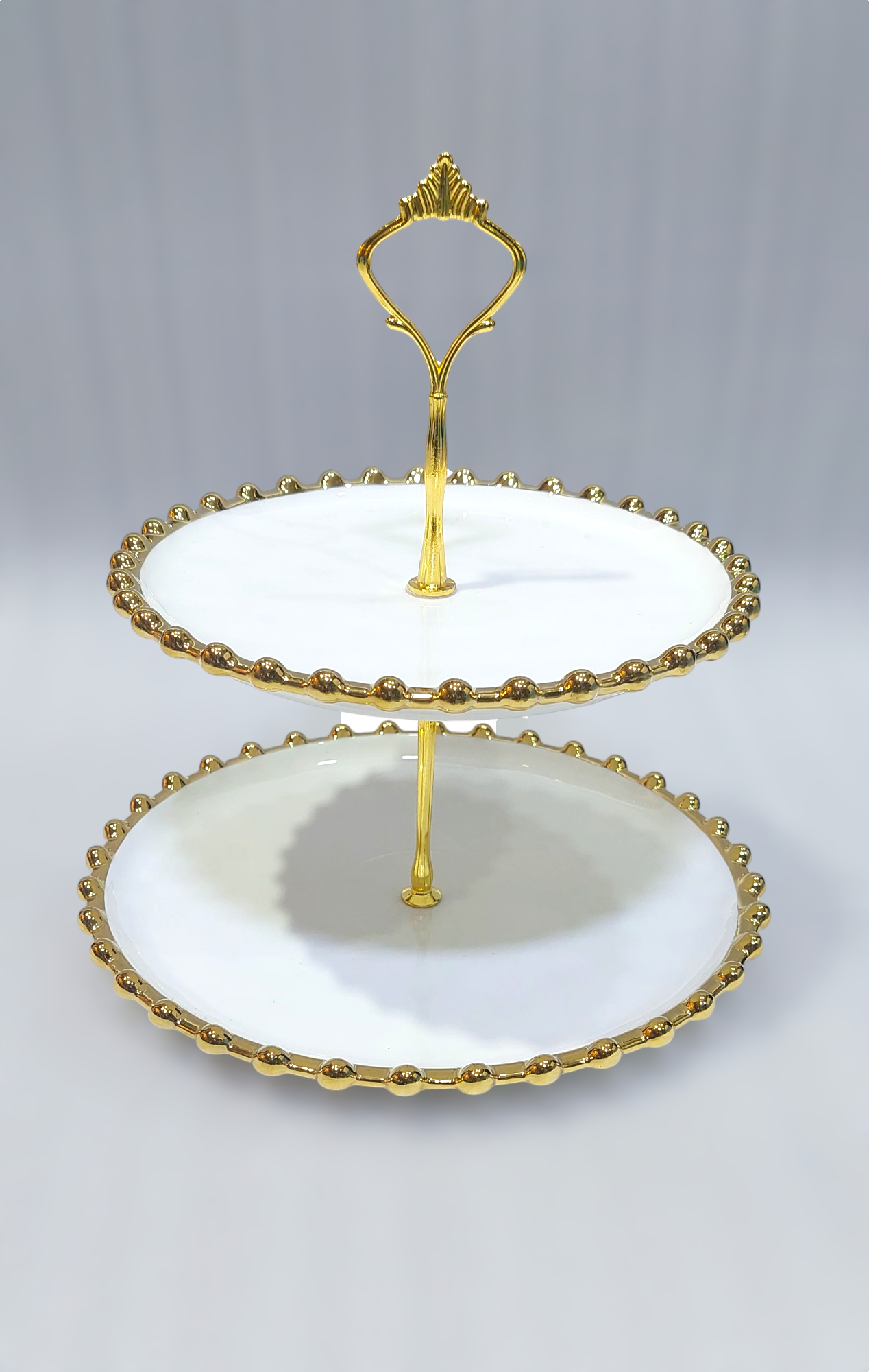 Elegant 2-Tier Ceramic Pastry Stand with Iron Base – Golden Accents