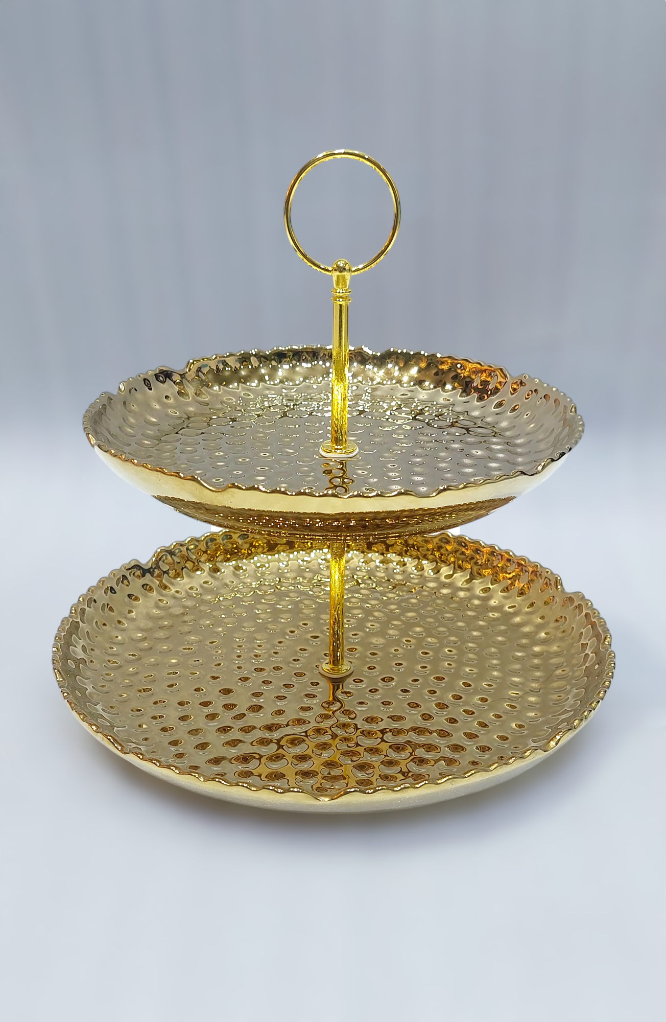 Elegant 2-Tier Ceramic Pastry Stand with Iron Base – Golden Accents