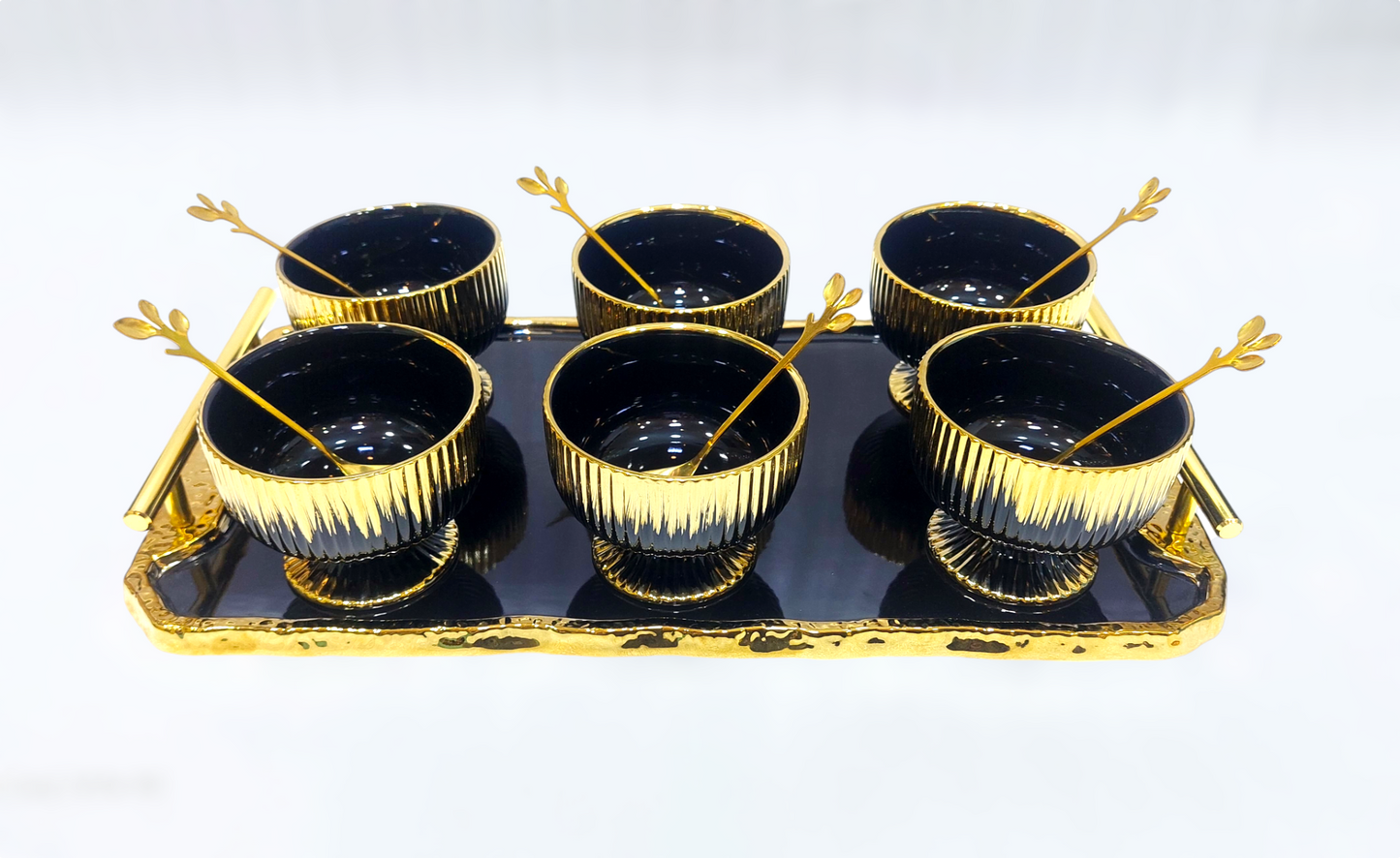 Elegant 6-Piece Bowl Set with Golden Tray and Spoons – Luxurious Design