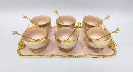 Elegant 6-Piece Bowl Set with Golden Tray and Spoons – Luxurious Design