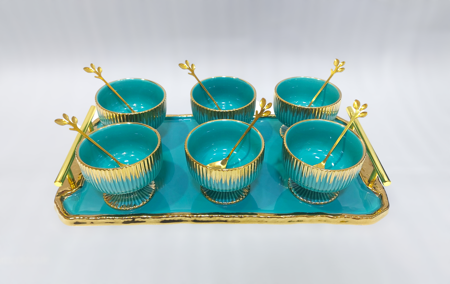 Elegant 6-Piece Bowl Set with Golden Tray and Spoons – Luxurious Design