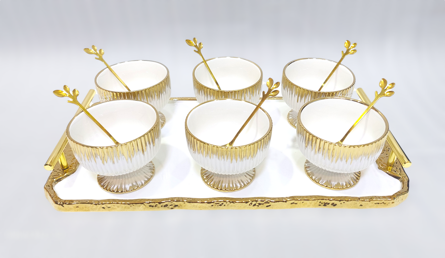 Elegant 6-Piece Bowl Set with Golden Tray and Spoons – Luxurious Design