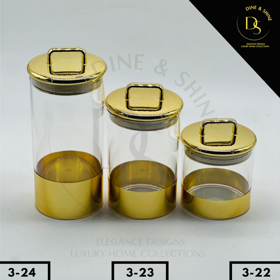 3 Pcs Acrylic Jar Set - Golden & Transparent Design