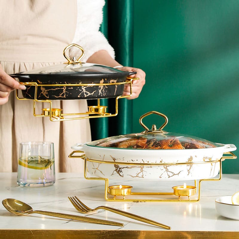 Elegant Ceramic Buffet Dish with Burner & Tempered Glass Lid – Available in 3 Sizes (15", 13", 11")