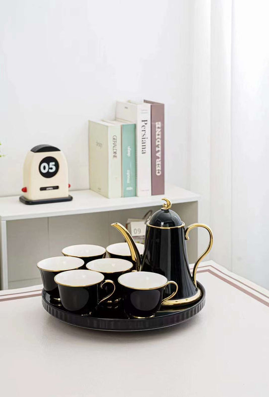 Luxurious Revolving Ceramic Tea Set with Golden Accents – Includes Teapot, 6 Cups & Rotating Tray