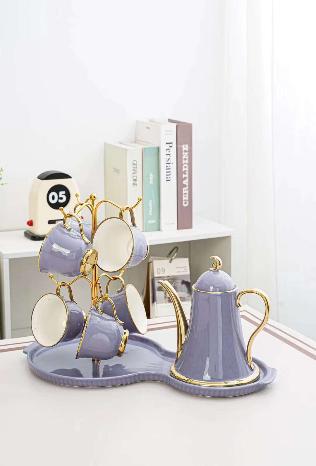 Elegant Ceramic Tea Set with Golden Accents – Includes Teapot, 6 Cups, Stand & Tray