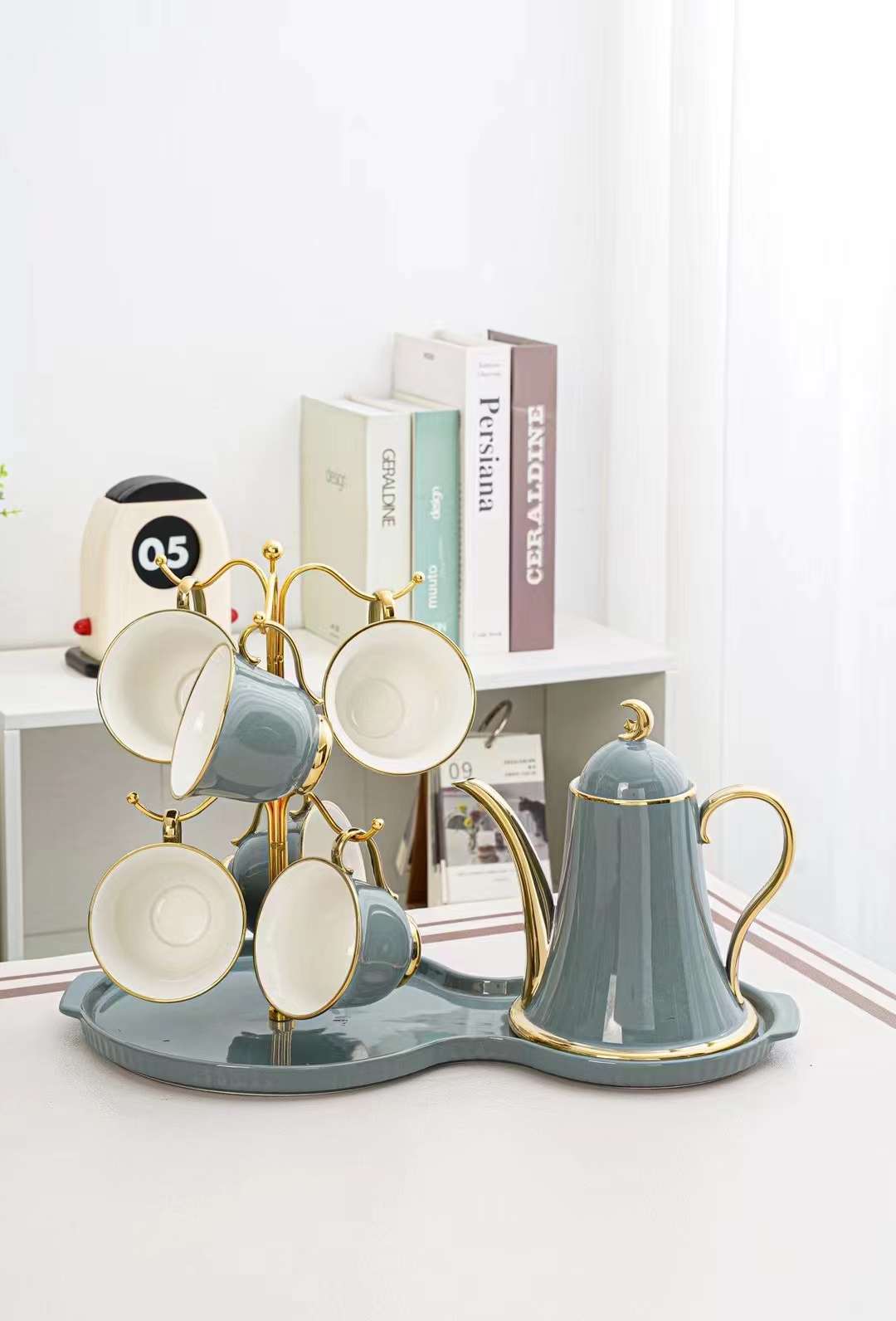 Elegant Ceramic Tea Set with Golden Accents – Includes Teapot, 6 Cups, Stand & Tray