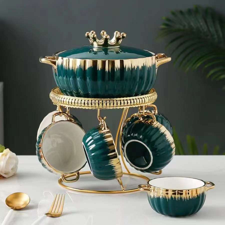 Royal Ceramic Serving Set with Golden Stand – 1 Big Bowl with Cover & 6 Small Bowls (Available in White, Black, Green, and Pink)