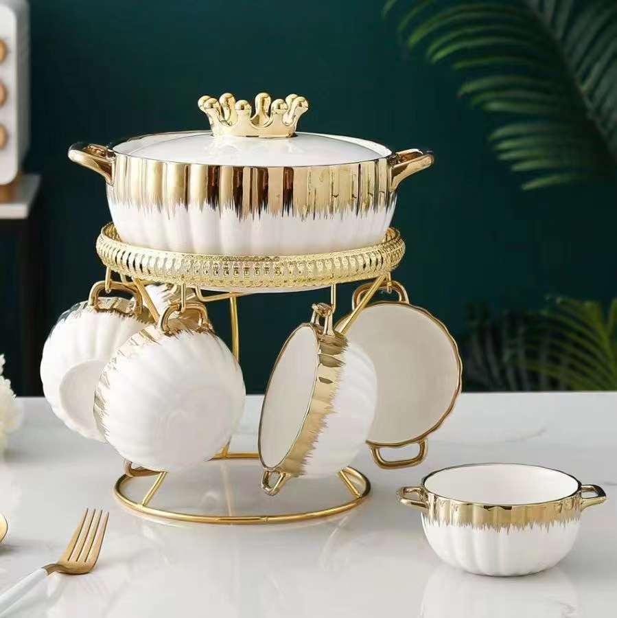 Royal Ceramic Serving Set with Golden Stand – 1 Big Bowl with Cover & 6 Small Bowls (Available in White, Black, Green, and Pink)