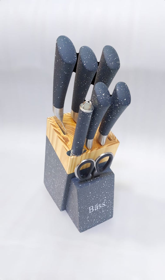 Bass 8-Piece Knife Set with Wooden Block - Stylish Brown Stone Finish