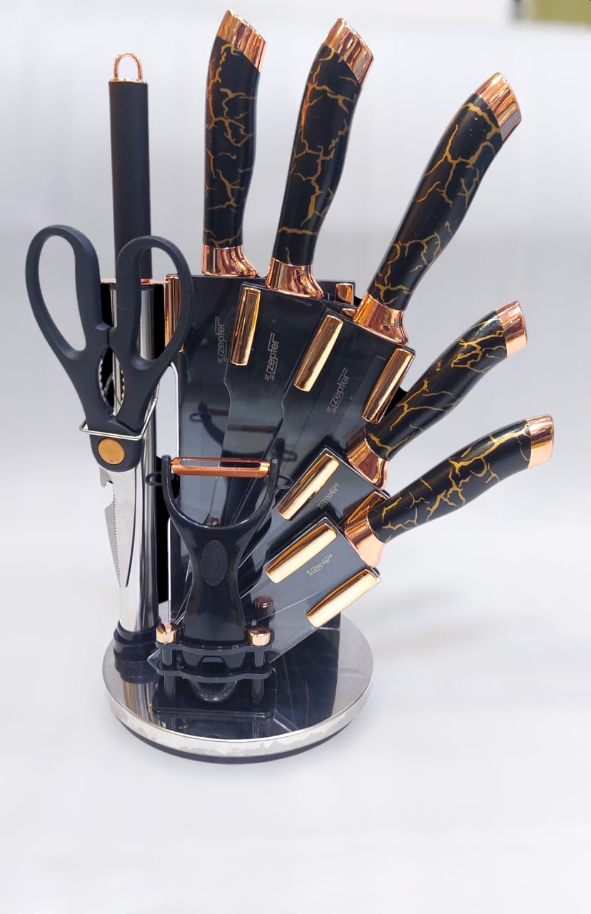 Luxury 8-Piece Knife Set with Stand - Marble/Wooden Texture Design