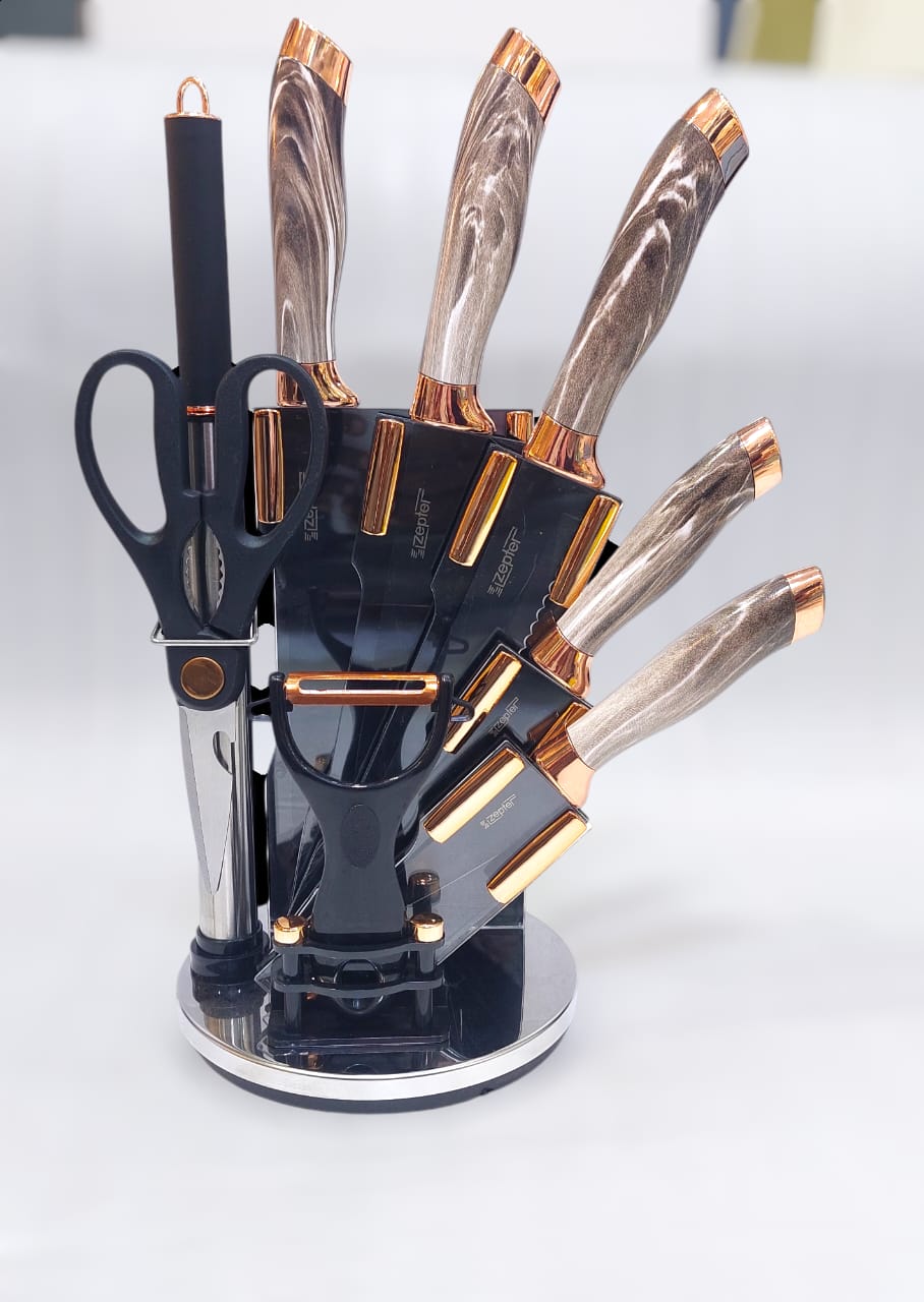 Luxury 8-Piece Knife Set with Stand - Marble/Wooden Texture Design