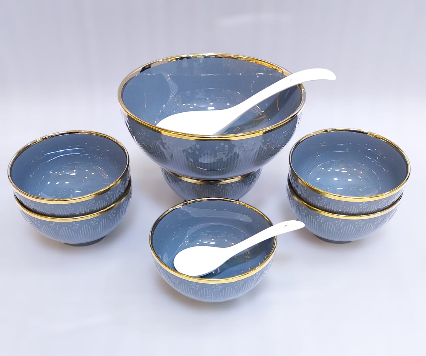 Elegant Ceramic Soup/Custard Set – Includes 1 Serving Bowl, 6 Small Bowls, and Spoons