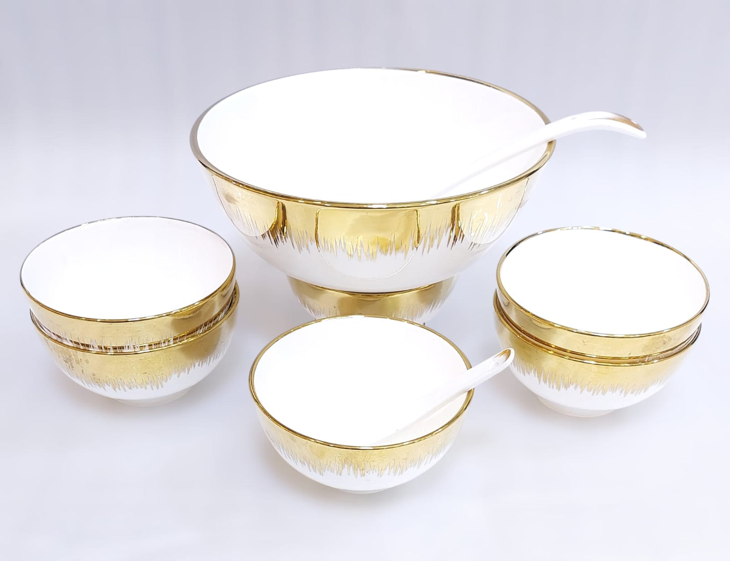 Elegant Ceramic Soup/Custard Set – Includes 1 Serving Bowl, 6 Small Bowls, and Spoons