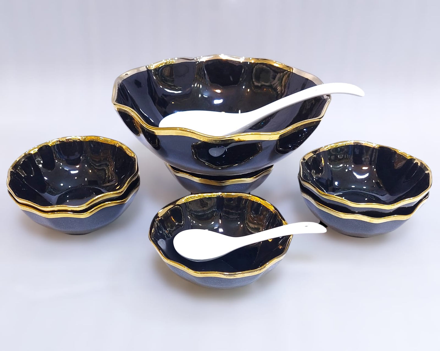 Elegant Ceramic Soup/Custard Set – Includes 1 Serving Bowl, 6 Small Bowls, and Spoons