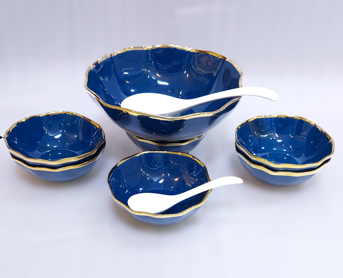 Elegant Ceramic Soup/Custard Set – Includes 1 Serving Bowl, 6 Small Bowls, and Spoons