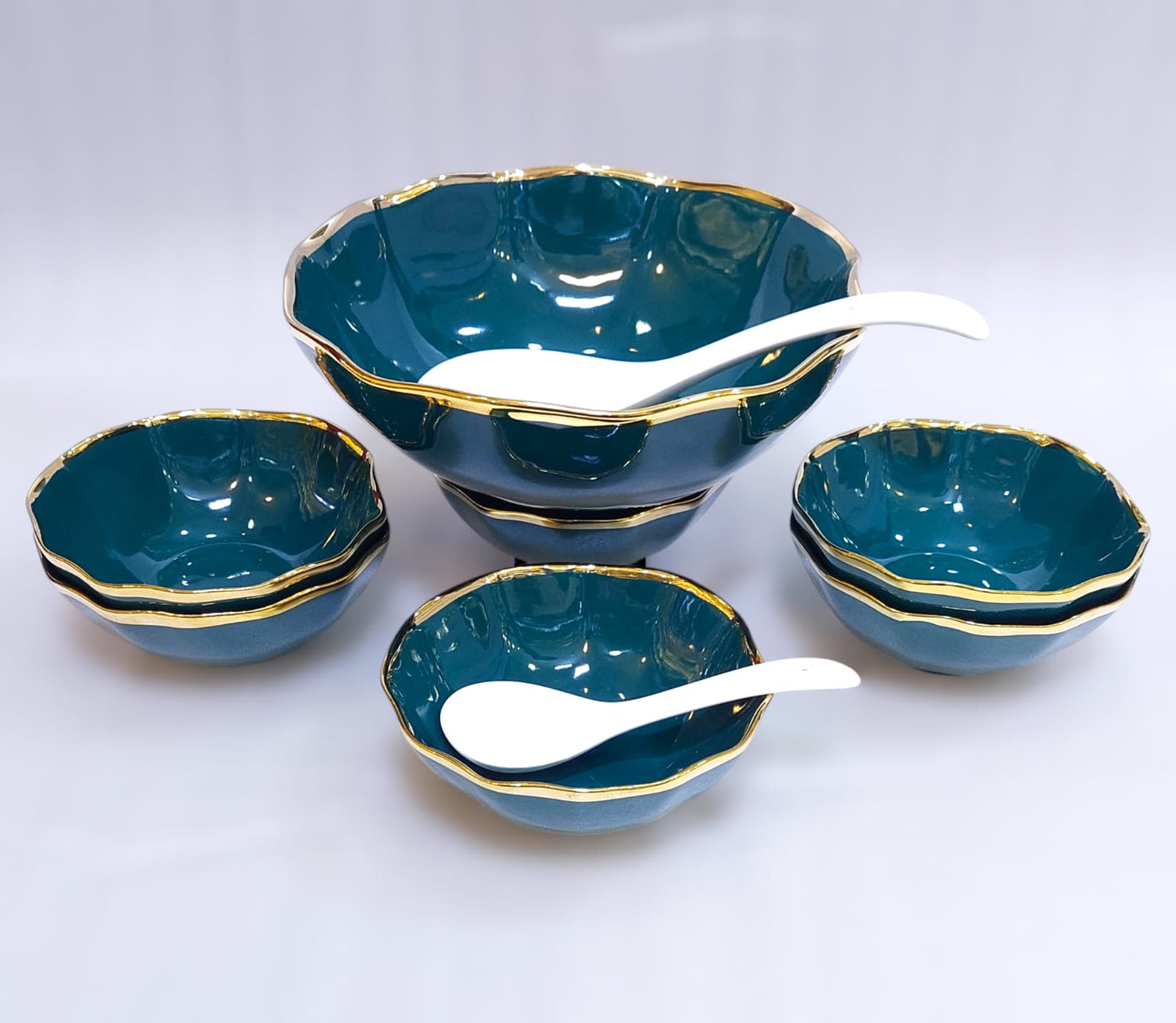 Elegant Ceramic Soup/Custard Set – Includes 1 Serving Bowl, 6 Small Bowls, and Spoons