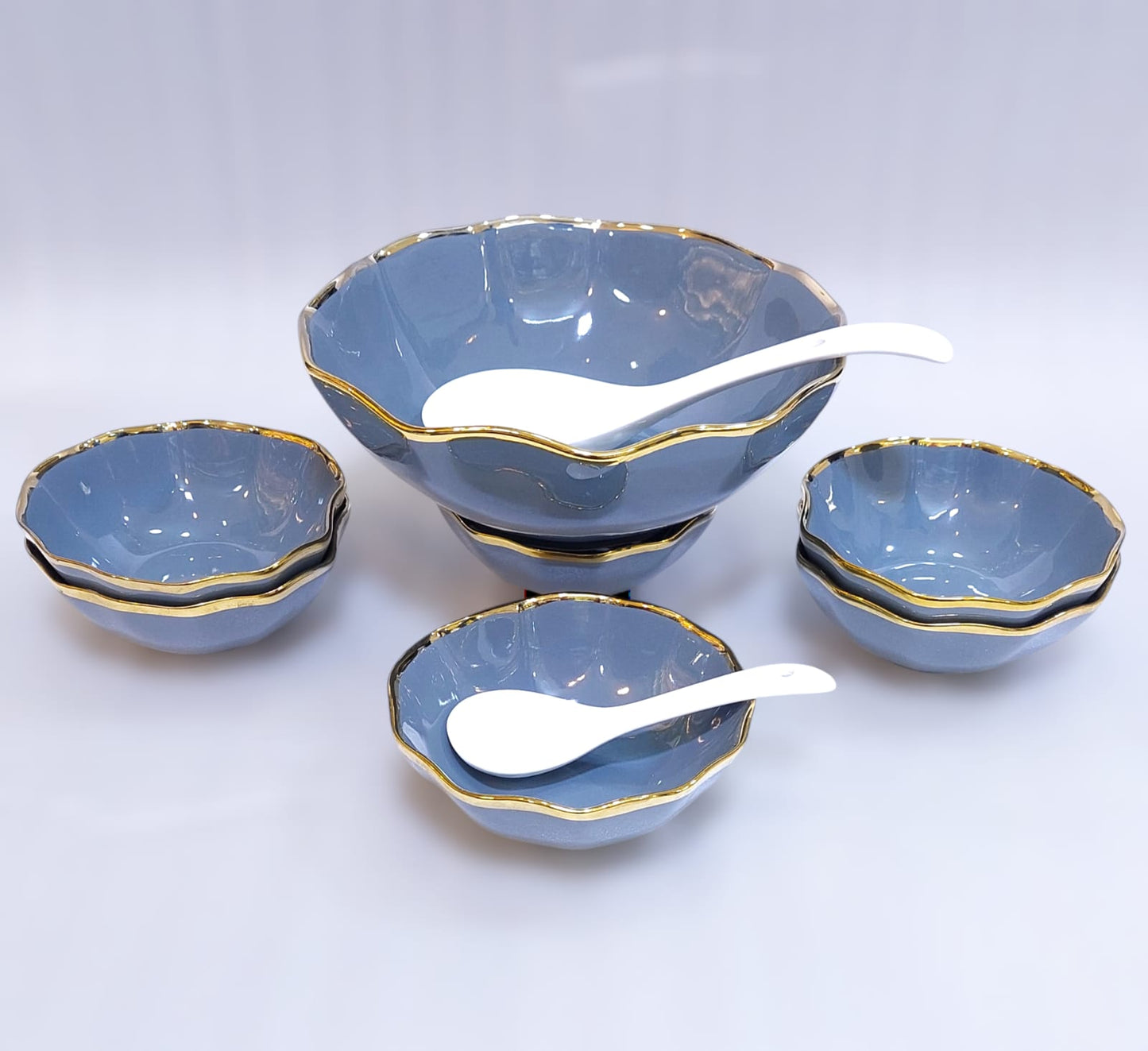 Elegant Ceramic Soup/Custard Set – Includes 1 Serving Bowl, 6 Small Bowls, and Spoons