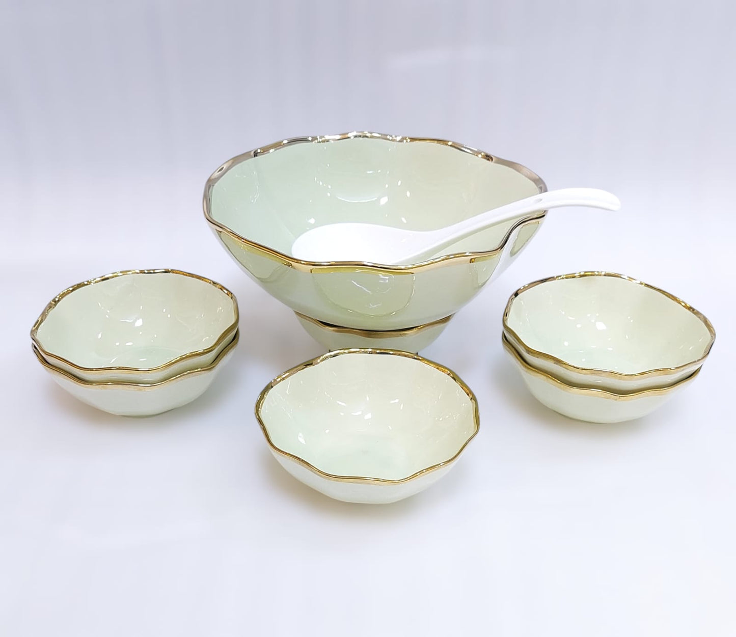 Elegant Ceramic Soup/Custard Set – Includes 1 Serving Bowl, 6 Small Bowls, and Spoons