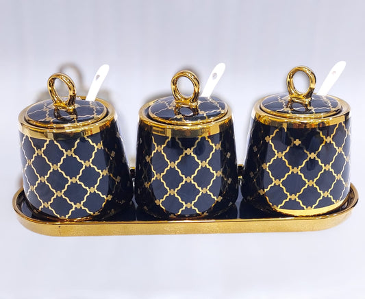 Ceramic 3-Piece Sugar Pot/Spice Set with Tray & Spoons