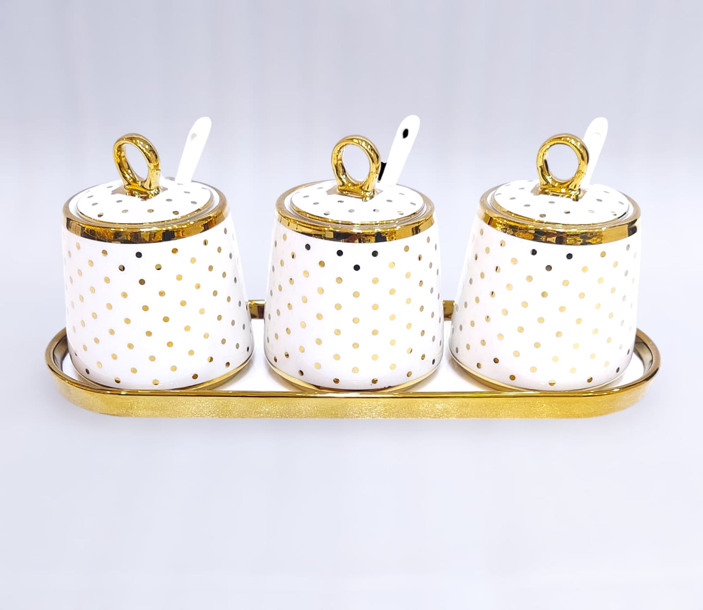 Ceramic 3-Piece Sugar Pot/Spice Set with Tray & Spoons