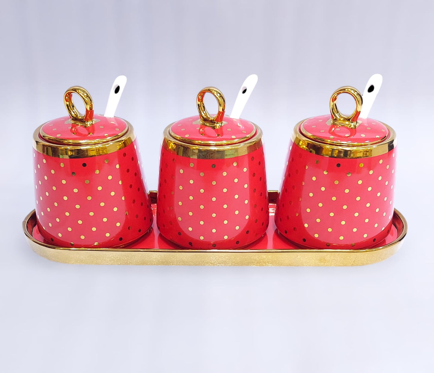 Ceramic 3-Piece Sugar Pot/Spice Set with Tray & Spoons