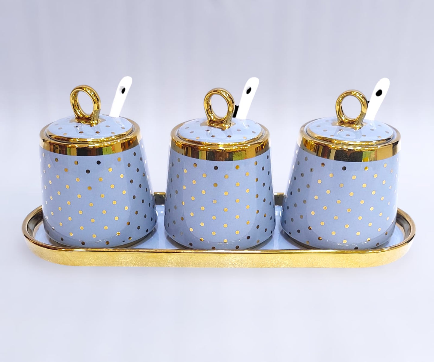 Ceramic 3-Piece Sugar Pot/Spice Set with Tray & Spoons