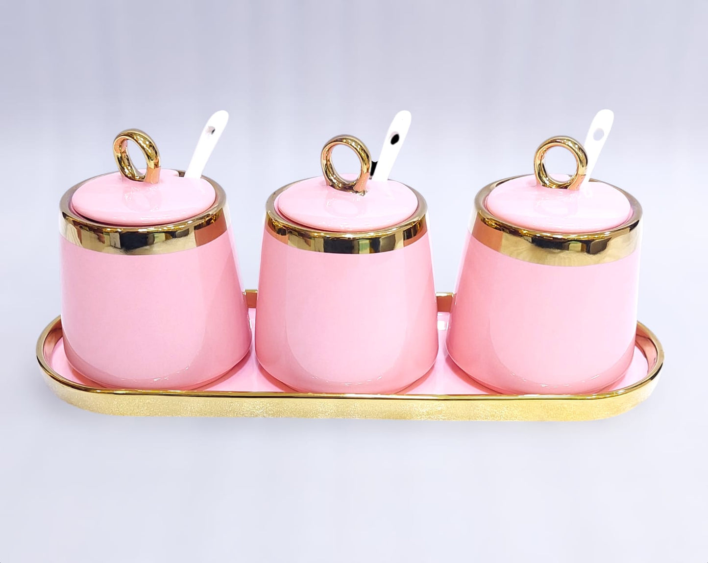 Ceramic 3-Piece Sugar Pot/Spice Set with Tray & Spoons