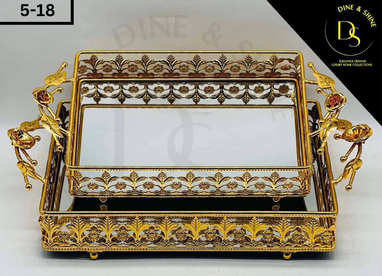 Luxury Golden Metal Tray Set with Ornate Design