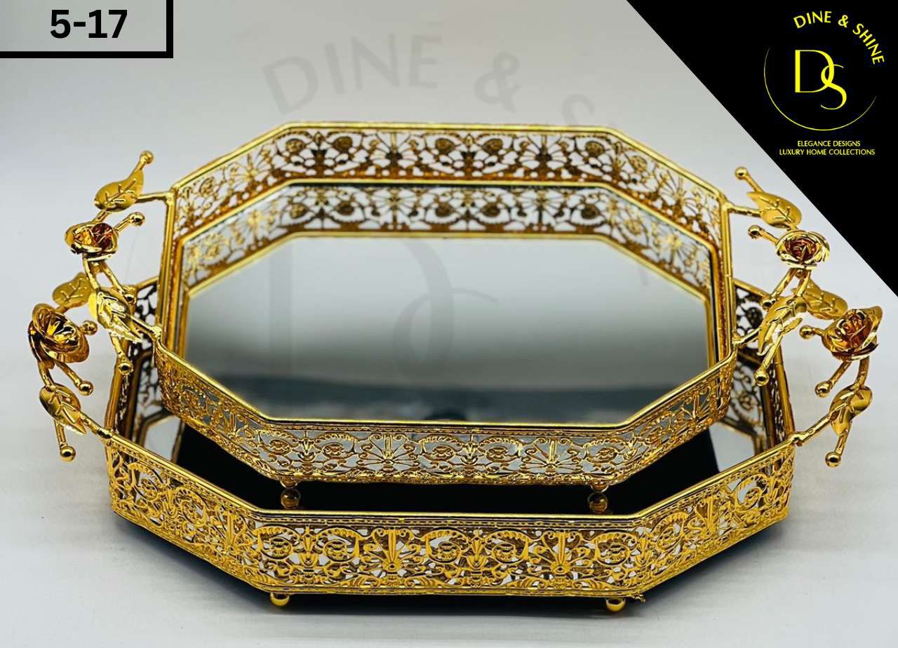 Luxury Golden Metal Tray Set with Ornate Design