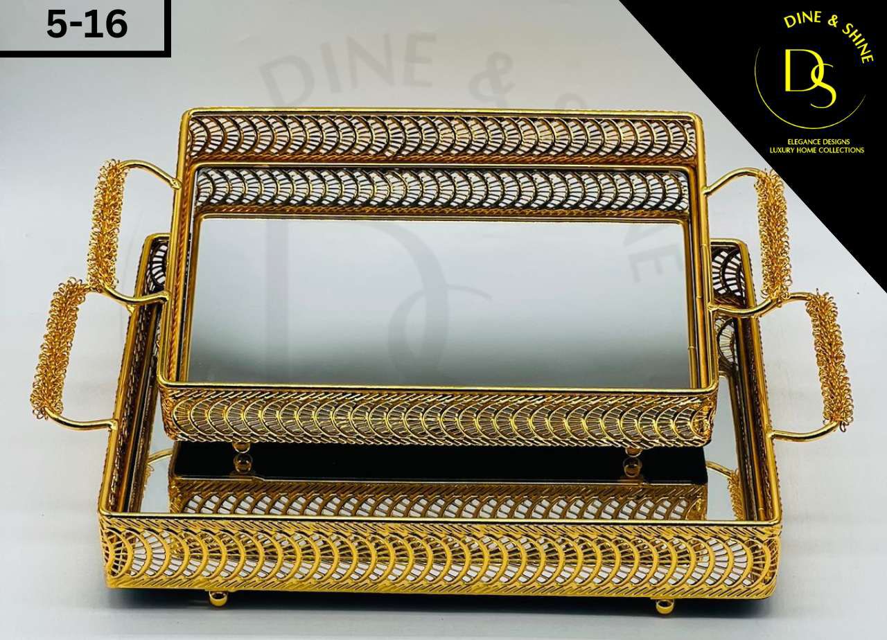 Luxury Golden Metal Tray Set with Ornate Design