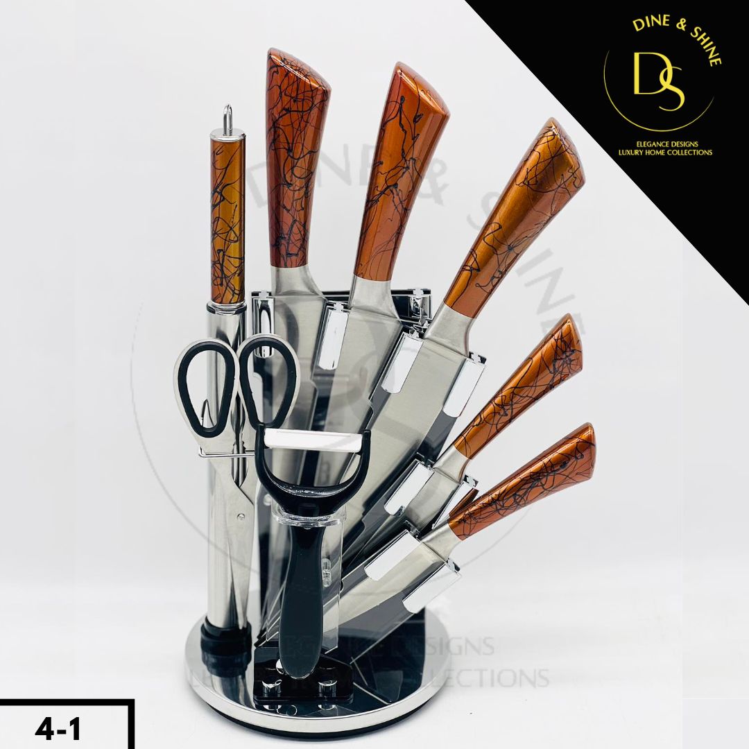 Revolving Marble Texture Knife Set with Stand