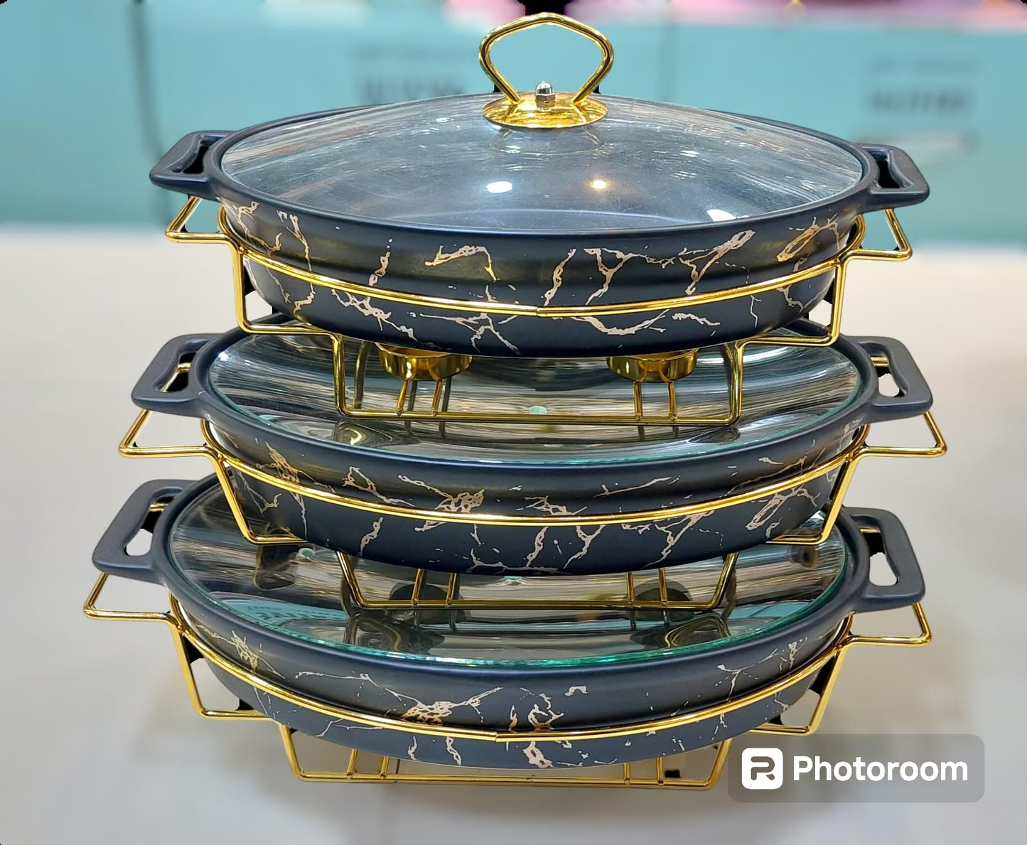 Elegant Ceramic Buffet Dish with Burner & Tempered Glass Lid – Available in 3 Sizes (15", 13", 11")