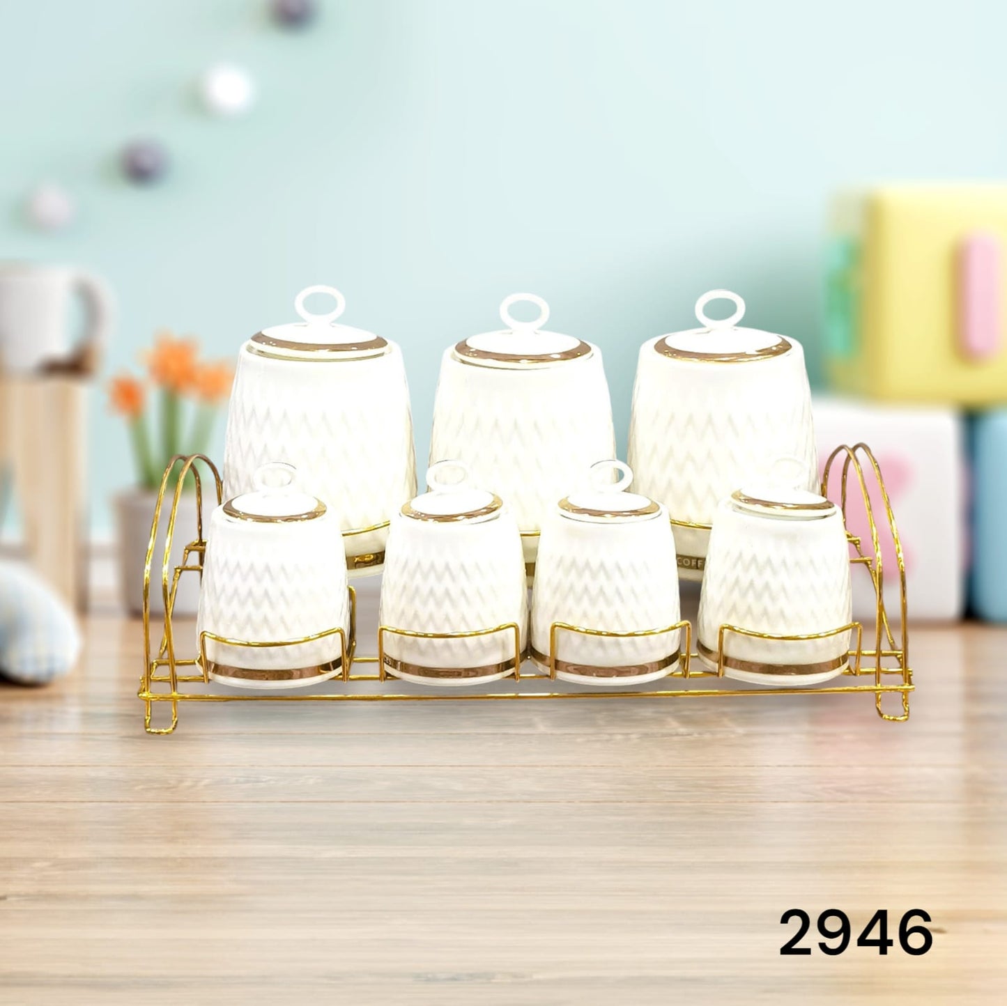 Elegant 7-Piece Ceramic Jar Set with Golden Bow Lid and Stand