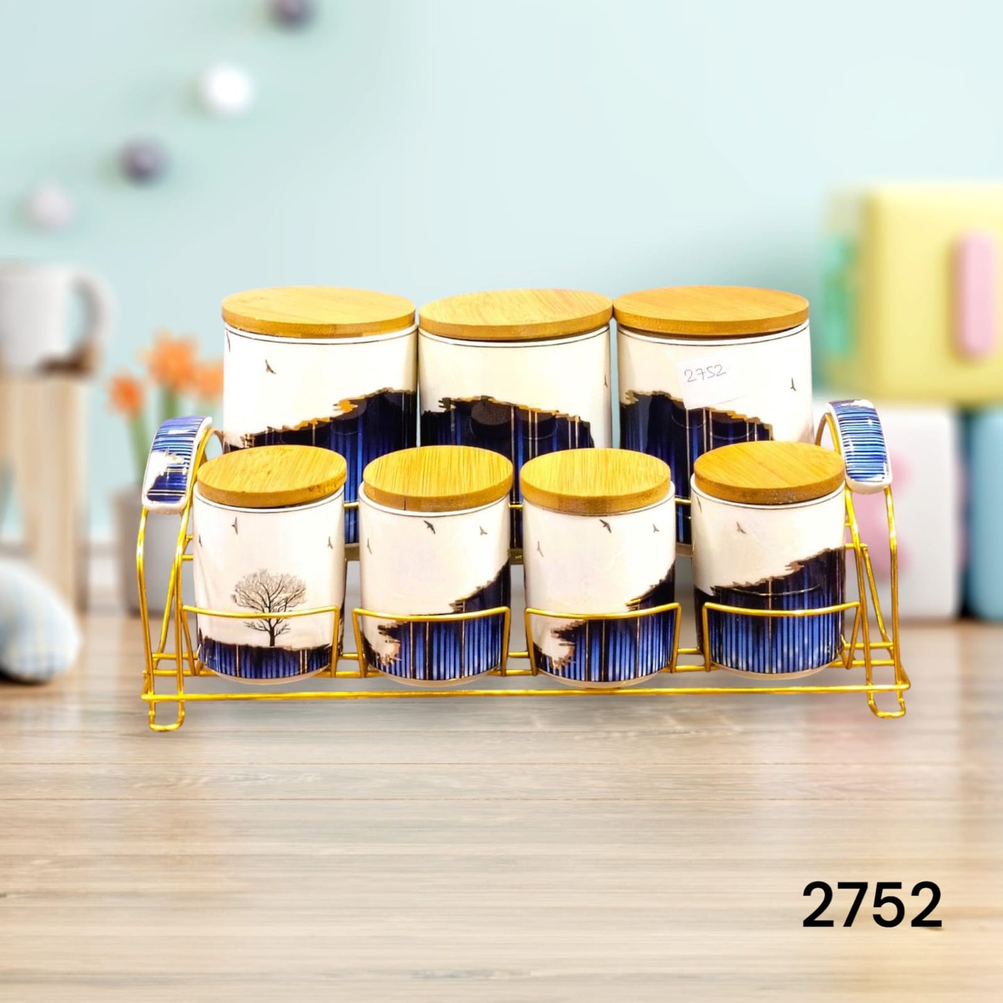 Elegant 7-Piece Ceramic Jar Set with Golden Bow Lid and Stand