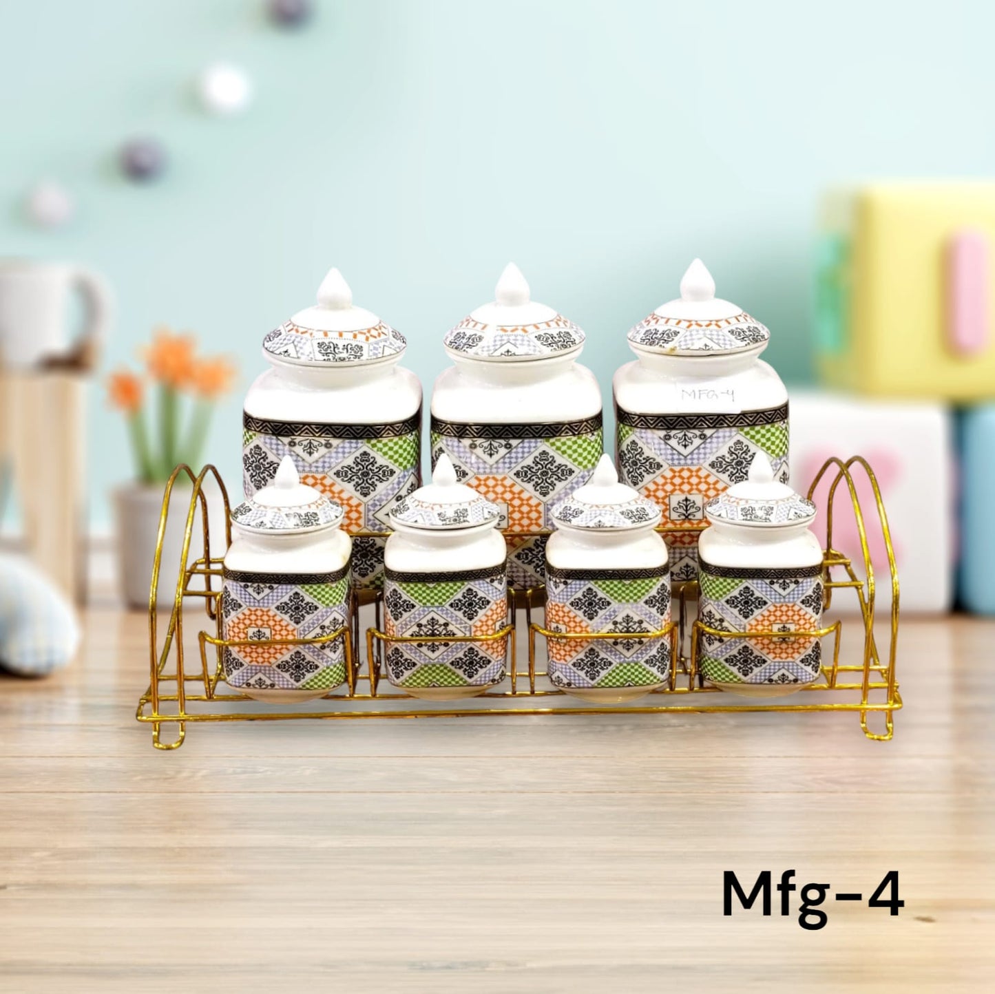 Elegant 7-Piece Ceramic Jar Set with Golden Bow Lid and Stand